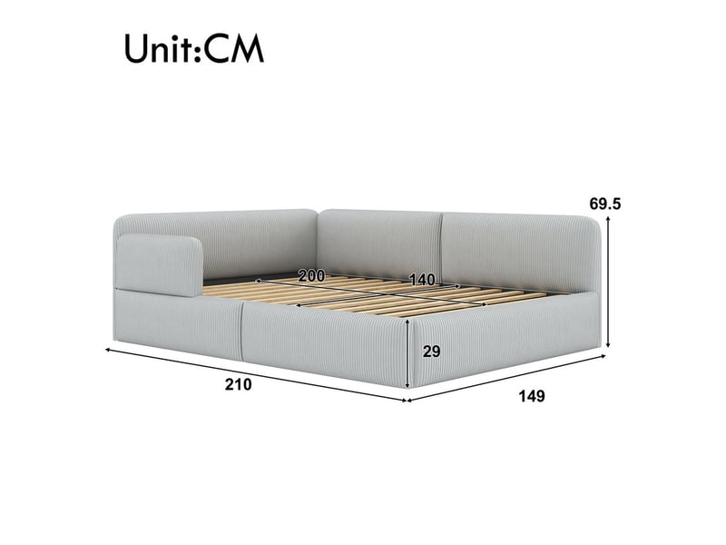  Lit rembourré 140 x 200 cm avec espace de rangement sous le lit et barrière de sécurité latérale, gris  - Conforama C