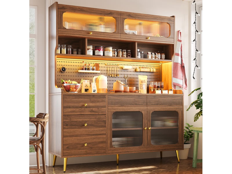  Meuble tv haut 145x39x171 cm avec éclairage led et app, armoire de rangement étroite, mdf, verre, couleur noyer  - Conforama C