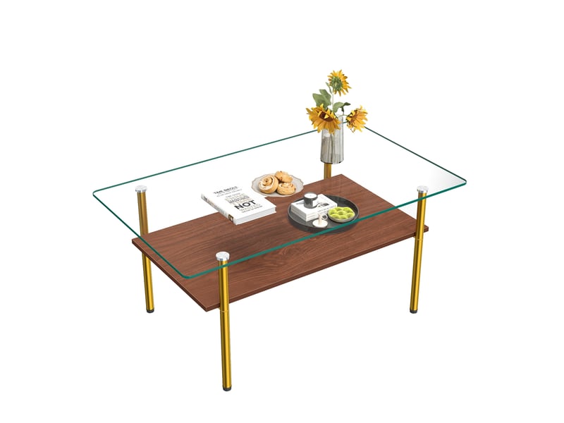 Table basse rectangulaire double niveau - lpospi - plateau en verre, étagère mdf, métal doré, marron 98 × 58 × 45 cm - Conforama E