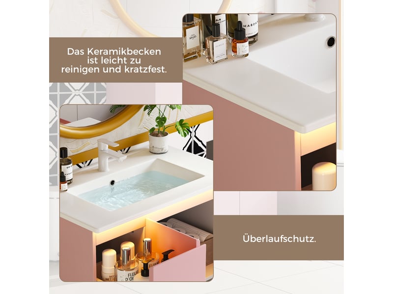  Meuble vasque rose mdf et céramique 76×47×89 cm, led à capteur radar, 2 tiroirs, fermeture amortie et pieds hauts  - Conforama E