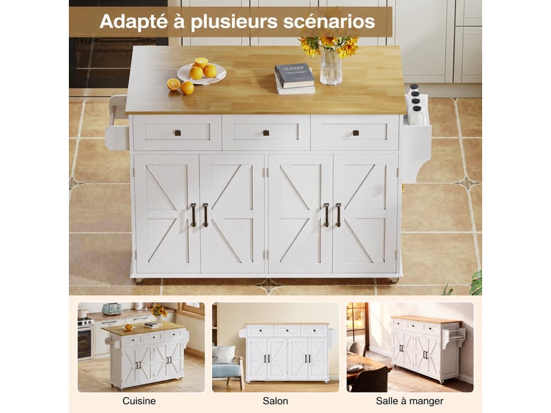 Îlot de cuisine blanc avec plateau rabattable, 4 portes, 3 tiroirs et 5 roulettes verrouillables - Conforama C