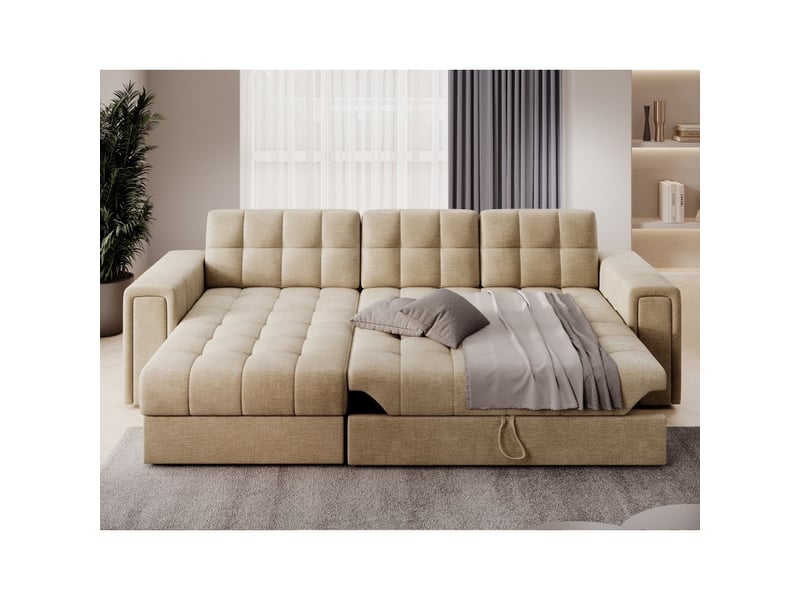 Canapé d'angle convertible kapitara beige réversible avec coffre de rangement - Conforama B