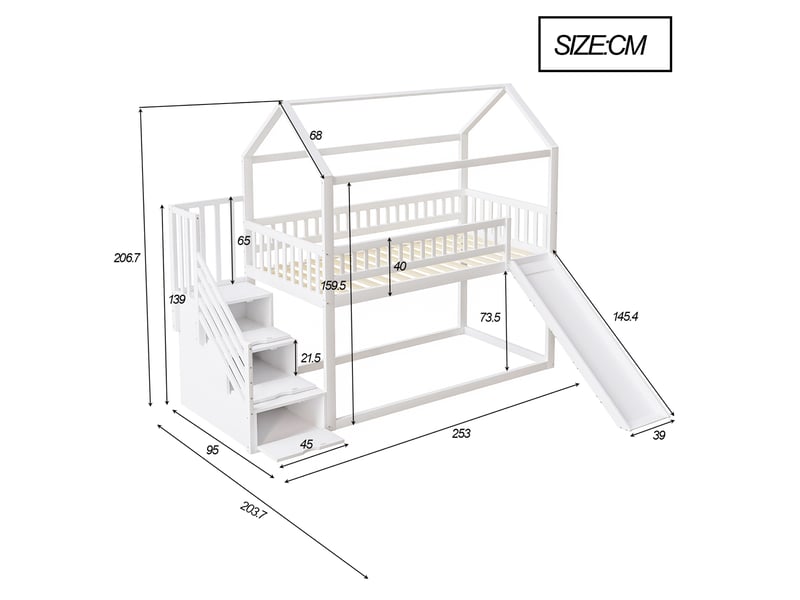 Lit mezzanine enfant 90 x 200 cm avec toboggan, escalier de rangement et sommier blanc - Conforama C