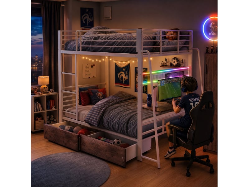  Lit superposé 140x200 cm avec bureau, 2 tiroirs et led rgb, métal et mdf, blanc et aspect noyer, vendu sans matelas  - Conforama D