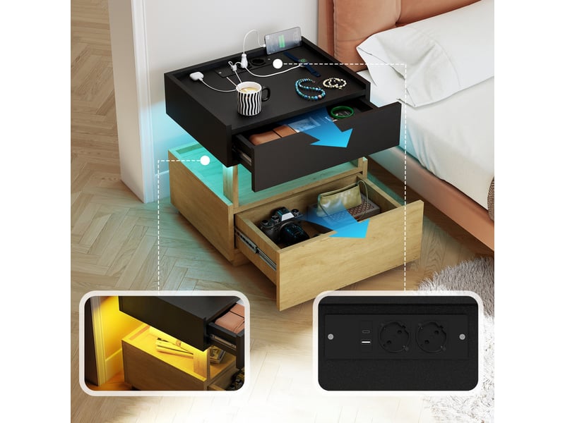  Table de chevet connectée 50x40x50 cm - avec station de charge sans fil, éclairage led et 2 tiroirs – mdf - noir et naturel  - Conforama E