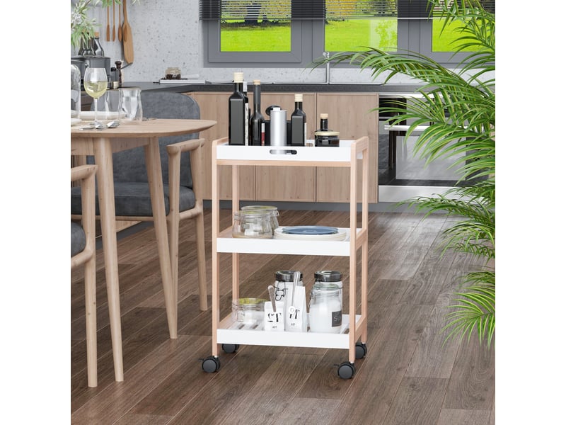  Chariot de service desserte de cuisine à roulettes 2 étagères + plateau amovible bois de pin blanc mdf  - Conforama D