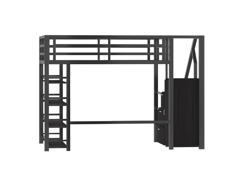  Lit mezzanine noir 140x200 cm en métal avec éclairage led, penderie, étagères et escalier avec rangements intégrés  - Conforama D