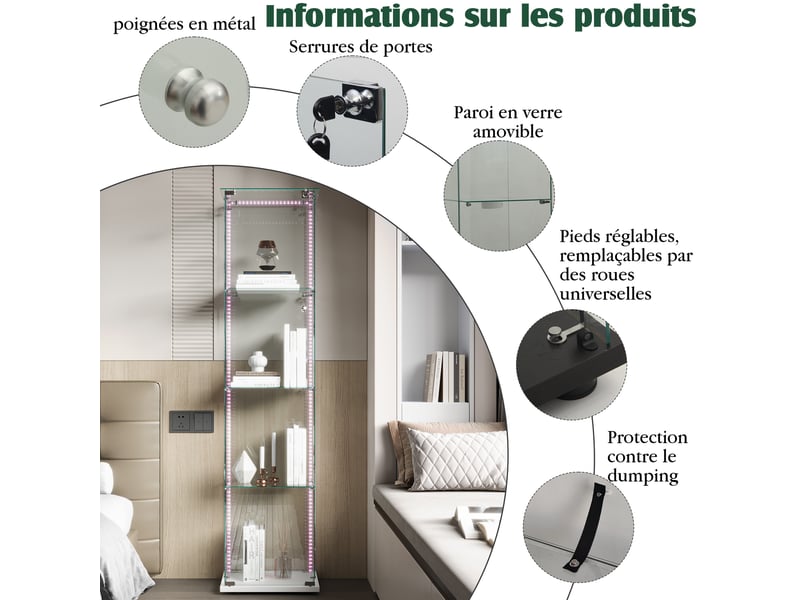  Vitrine en verre 4 niveaux simple porte - 39,8 x 35 x 163 cm - blanc - armoire d'exposition avec ruban led et base blanche  - Conforama D