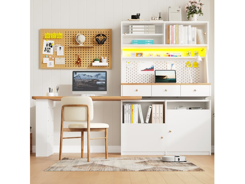  Buffet de cuisine modenvie 137 x 45 x 178 cm blanc avec led, 2 portes, 3 tiroirs, tablette extensible, mdf et métal  - Conforama D