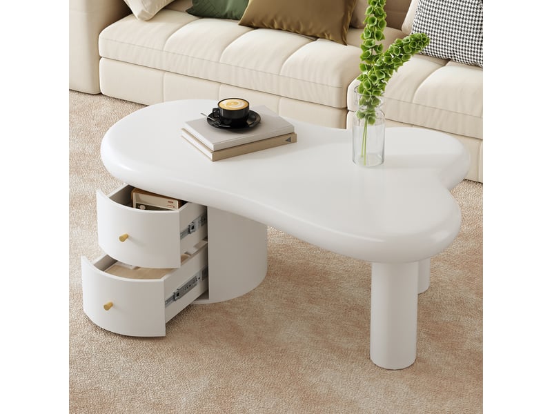  Table basse blanche avec 2 tiroirs, forme organique en mdf, 97 × 64 × 42 cm  - Conforama D