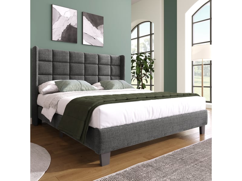  Lit rembourré 140x200cm en lin gris, tête de lit haute, sommier à lattes inclus, sans matelas, design moderne  - Conforama D