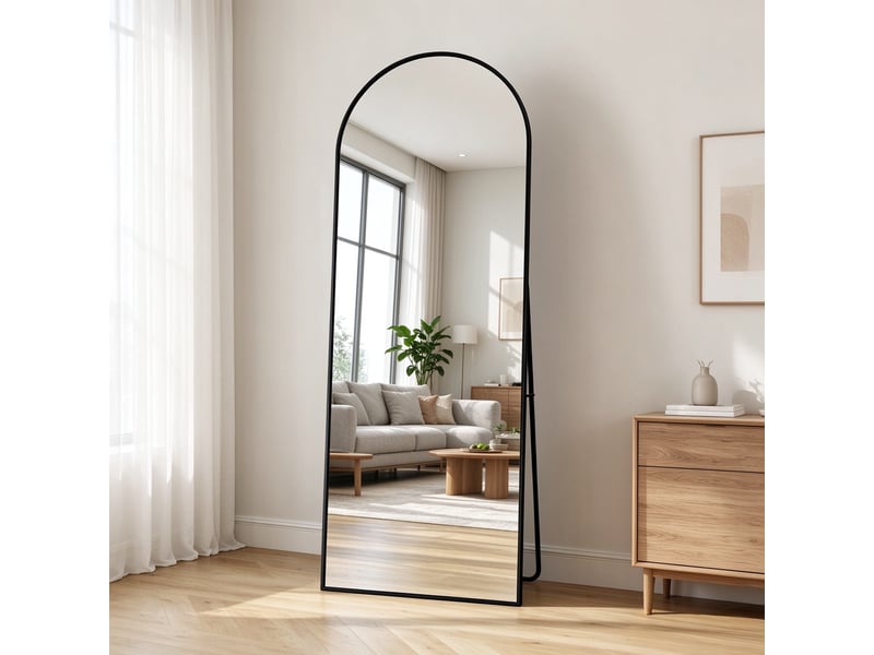  Miroir psyché arqué sur pied 164x54 cm, miroir pleine longueur arqué avec cadre en alliage d'aluminium, miroir de coiffeuse, miroir sur pied inclinable ou suspendu, noir  - Conforama B