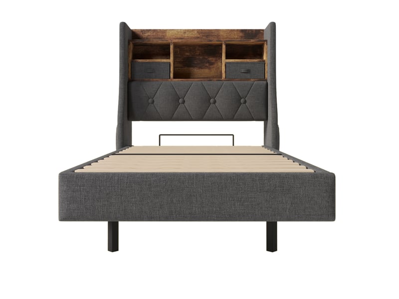 Lit enfant 90x200cm, led, usb et type-c, tête de lit avec rangements et sommier à lattes, lin gris C-DEGAYUN - Conforama D