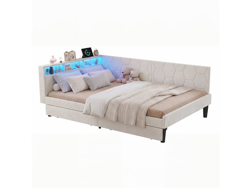 Kefsr lit rembourré 140x200 cm avec 2 tiroirs, lit double et canapé-lit banquette en velours beige, tête de lit avec étagère de rangement, led rgb et ports usbtype-c - Conforama A