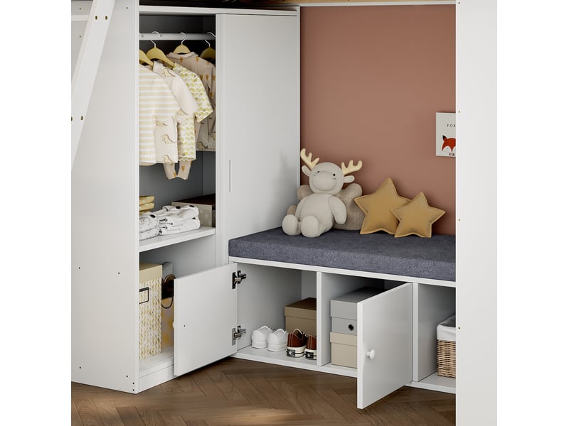 Lit mezzanine enfant 90x200 cm, armoire, banquette, échelle, pin et mdf, blanc et naturel, avec matelas non inclus - Conforama E