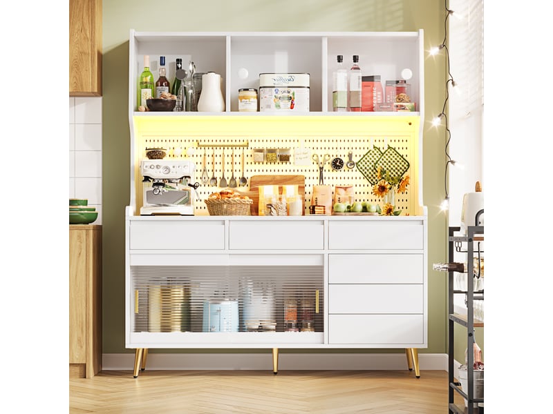  Armoire haute blanche avec led, meuble de rangement cuisine et salle à manger moderne, portes en verre, 145x39x171cm.  - Conforama R