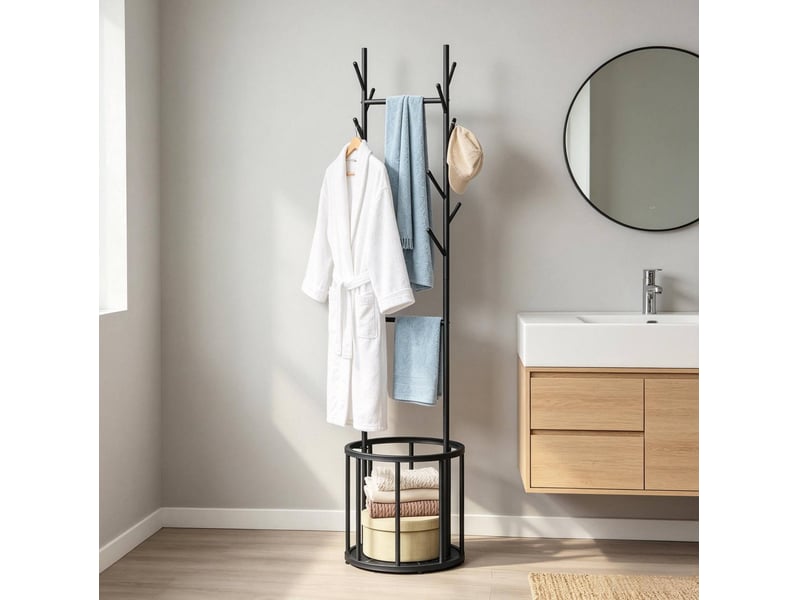Porte-manteau sur pied arbre en métal noir avec panier de rangement - Conforama E