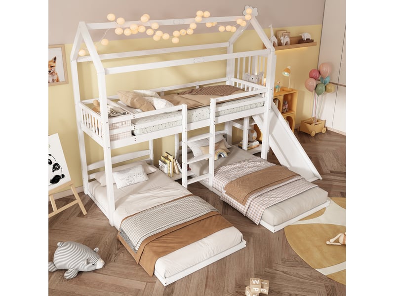  Lit superposé enfant 90x200 cm, lit 3 couchages avec toboggan, toit et rangement supérieur, mdf, blanc, sans matelas  - Conforama D
