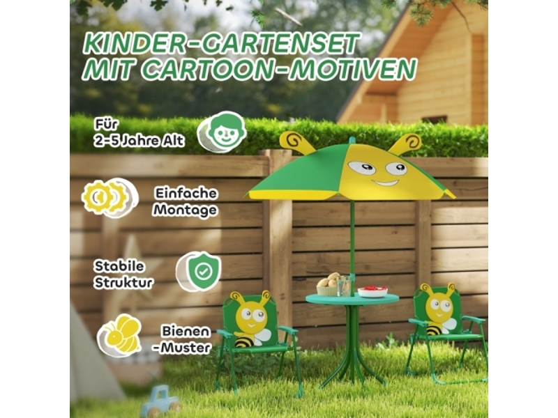  Ensemble mobilier jardin enfant, table, chaises, parasol, design abeille, vert et jaune  - Conforama E