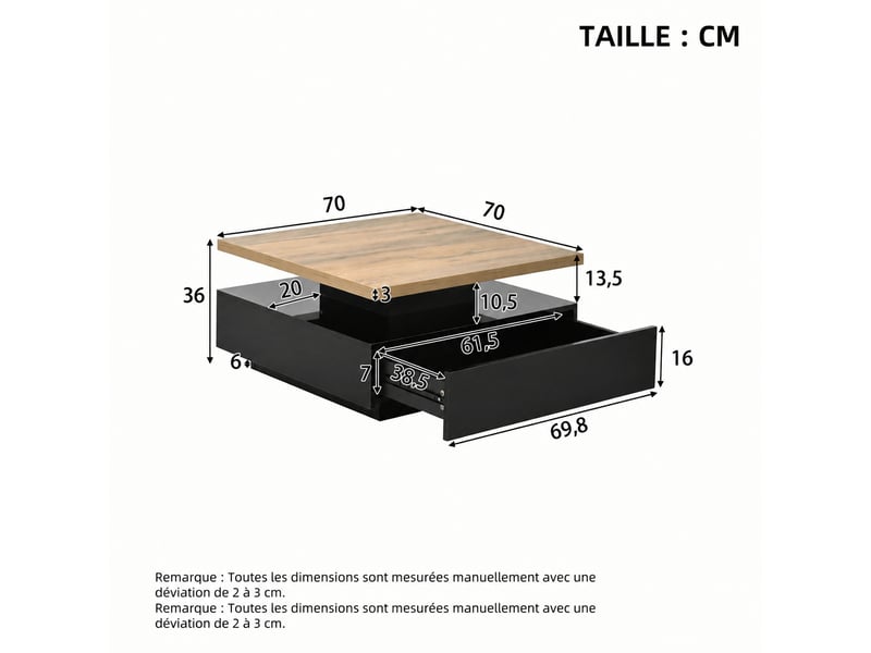  Table basse carrée pivotante à 360 degrés avec tiroir de rangement, 70 x 70 x 36 cm, noir et noyer  - Conforama E