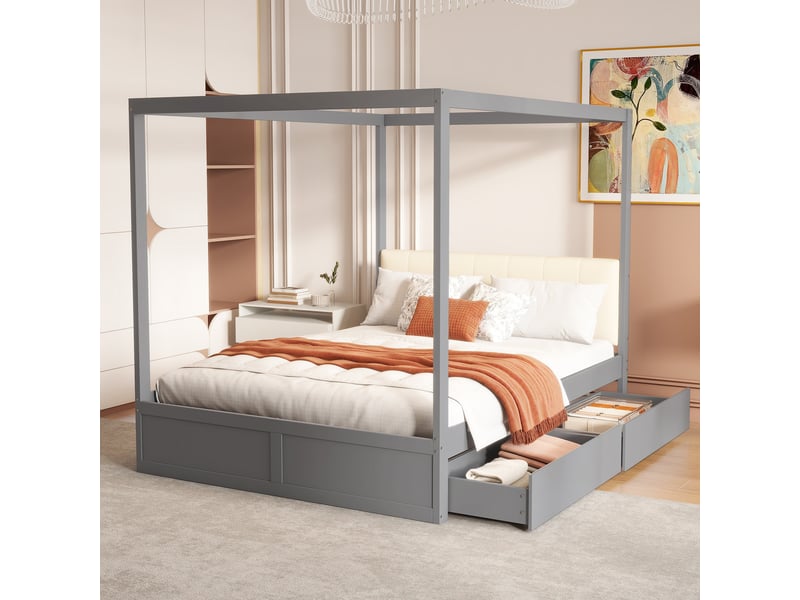  Lit à baldaquin 140*200 cm avec deux grands tiroirs et tête rembourrée, structure en bois, gris pour enfant  - Conforama D