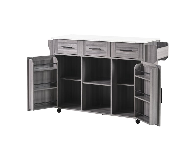 Îlot de cuisine gris avec plateau rabattable et rangement, chariot de service sur roulettes, style européen, 139x46x91.5 cm  - Conforama A