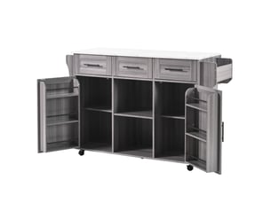 Îlot de cuisine gris avec plateau rabattable et rangement, chariot de service sur roulettes, style européen, 139x46x91.5 cm