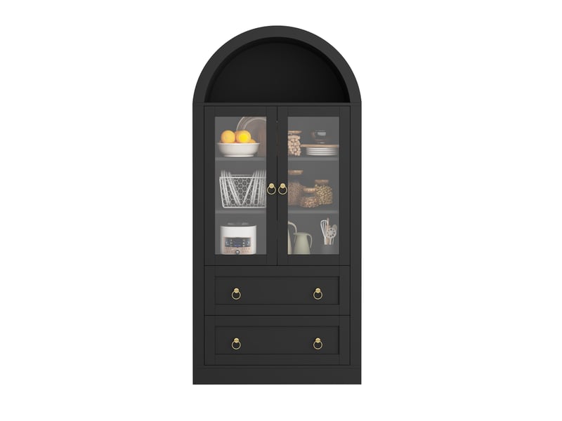  Buffet haut noir 80 × 36 × 170 cm, façade cintrée, portes vitrées, étagères réglables, dispositif anti-basculement  - Conforama A