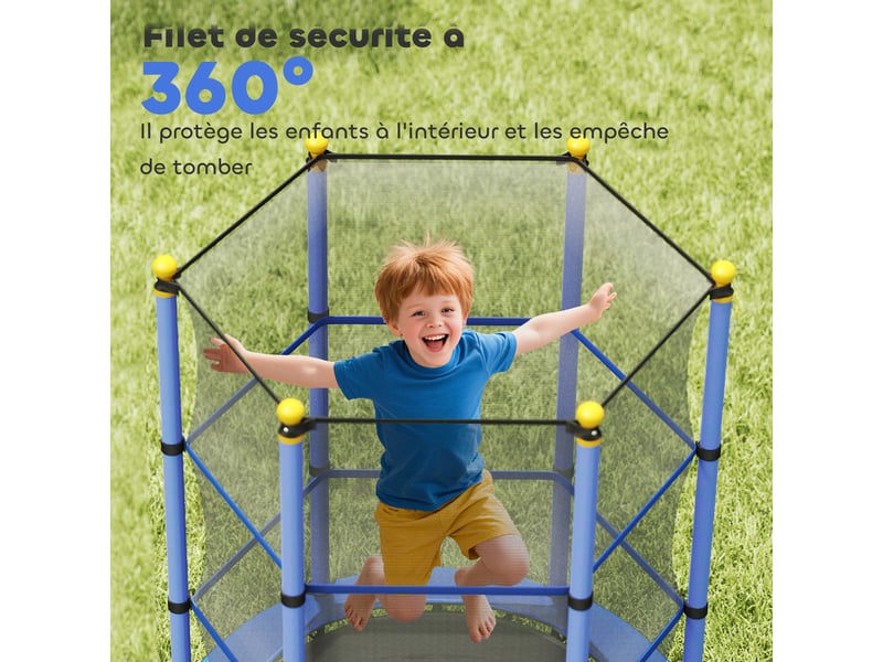  Trampoline enfant ø 1,40 × 1,90h m filet de sécurité porte zipée couvre-ressorts 6 poteaux rembourrés inclus bleu  - Conforama W