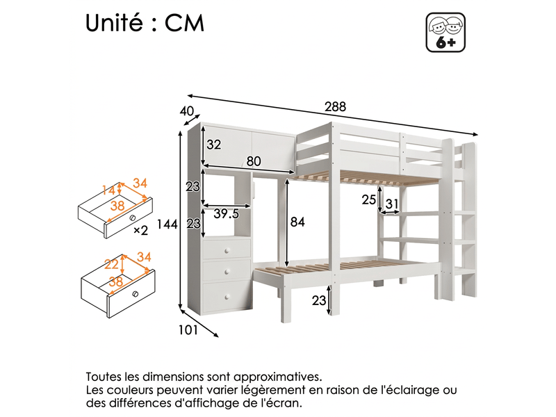 Lit superposé 90x200 avec rangement décalé - veilleuse led armoire tiroirs bois blanc - Conforama C