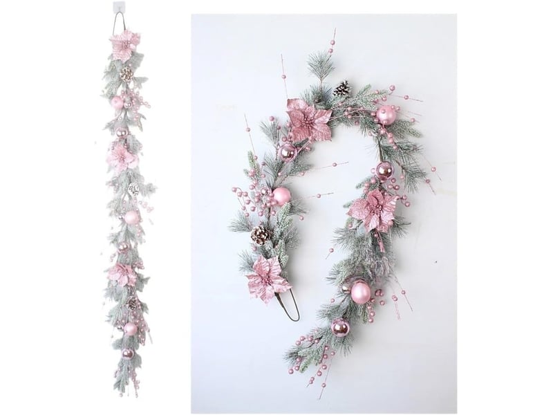  Couronne de noël rose vif 180cm, effet floqué enneigé – décoration de porte et intérieur  - Conforama E