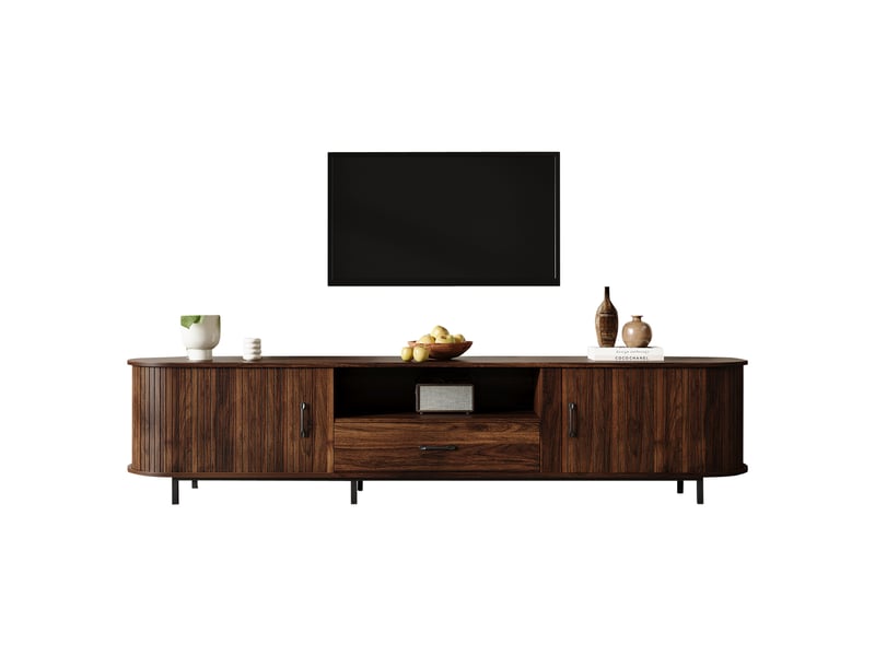  Meuble tv 180x40x50cm - meuble bas en mdf avec porte à rideau coulissante, tiroir et niches ouvertes, façade rainurée rétro, pour tv jusqu’à 75 pouces  - Conforama A