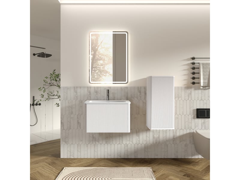  Meuble sous vasque suspendu avec miroir led et colonne de rangement pour salle de bain, blanc  - Conforama B