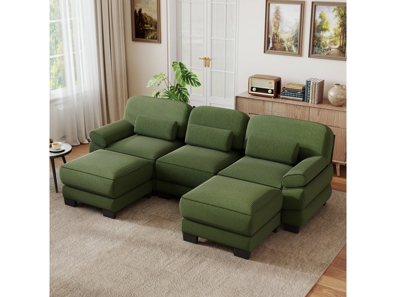  Canapé d’angle 3 places en u, design à cadre, 2 poufs, tissu cord doux, assise profonde, coussins épais, salon, vert  - Conforama E