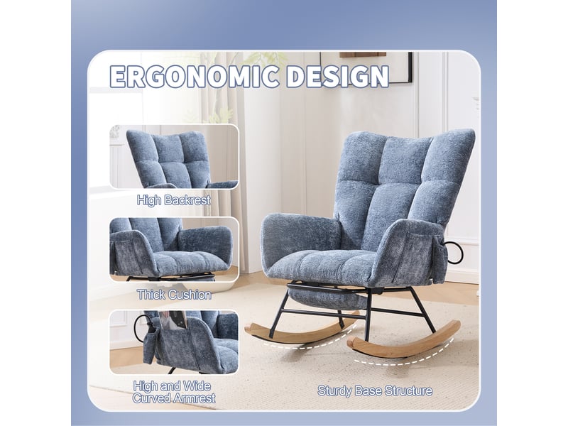  Fauteuil à bascule d'allaitement en tissu chenille bleu avec dossier haut ergonomique  - Conforama E