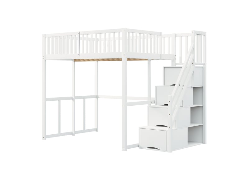 Lit mezzanine enfant 140x200 cm – blanc – escalier de rangement et garde-corps sécurisés - sans matelas - Conforama E