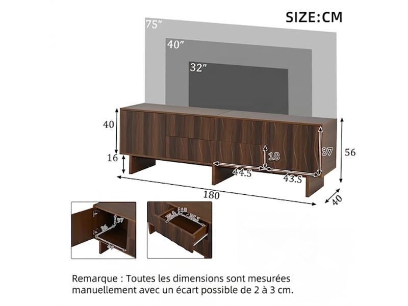  Meuble tv 180 cm noyer foncé design ondulé 4 tiroirs 2 portes pour écran 75 pouces  - Conforama C