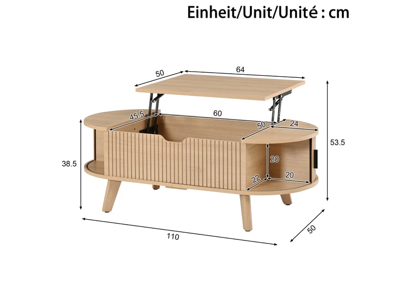  Table basse ovale relevable 110x50x53,5 cm avec 2 portes et rangement, mdf naturel  - Conforama C