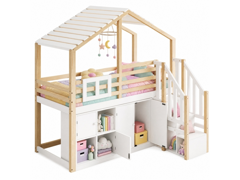  Lit, 90x200 cm, sommier, toit en pente, lit mezzanine, 4 portes, matelas non inclus, bois, coloris blanc et naturel  - Conforama A