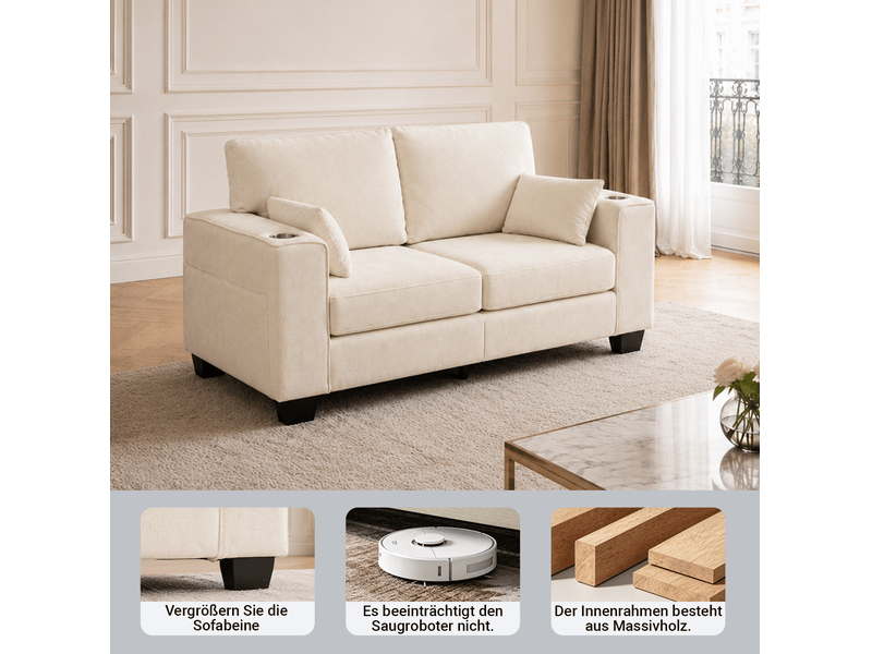  Canapé droit 2 places avec porte gobelets, poches latérales et assise profonde en tissu chenille beige  - Conforama D