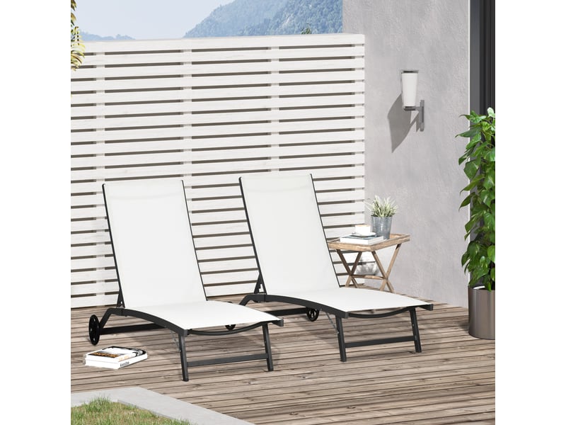  Ensemble de 2 chaises longues avec dossier inclinable, en aluminium et tissu respirant, 66 x 165 x 102 cm, couleur crème  - Conforama B