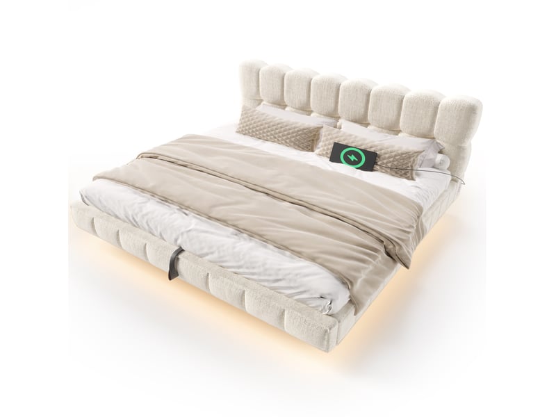  Lit coffre 180x200 cm en chenille beige avec led et ports usbusb-c  - Conforama A