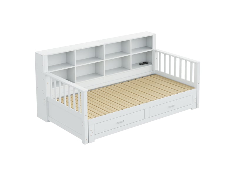 Lit extensible 90180x190cm, lit banquette avec 2 tiroirs, espace de rangement, charge, canapé lit, pin+mdf, blanc, sans matelas - Conforama E