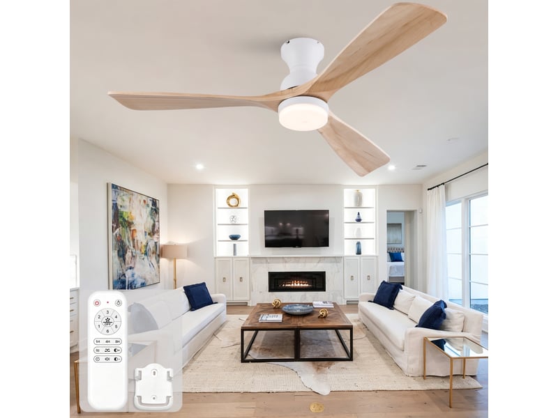 Ventilateur de plafond avec éclairage et télécommande, plafond silencieux pour chambre et salon, 3 pales en bois massif 132 cm, bois naturel - Conforama B