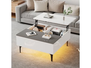 Table basse relevable avec 1 tiroir, 2 niches, led et plateau réglable, en mdf, blanc et gris, 70×70×35 cm - uvrion