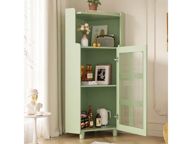  Meuble d'angle avec led - 63.5x124cm - armoire de coin autoportante avec porte en verre flûté et rangement en bois mdf - vert  - Conforama C