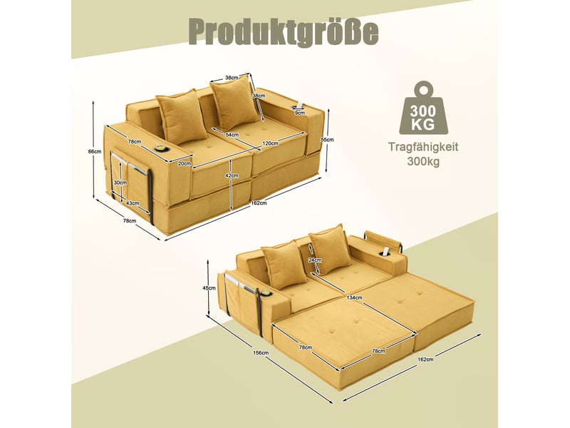 Canapé-lit 2 places modulable en chenille jaune moutarde avec 2 coussins - Conforama E
