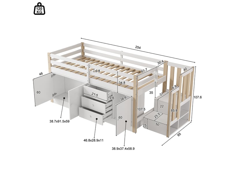 Lit surélevé enfant 90x200 avec rangement et escalier cravdom  - Conforama E