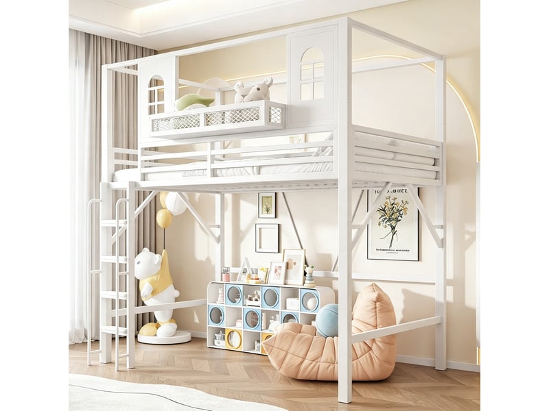  Lit mezzanine enfant 90 x 200 cm en métal avec toit, échelle de sécurité, espace de jeu avec fenêtre et tablette, blanc  - Conforama E