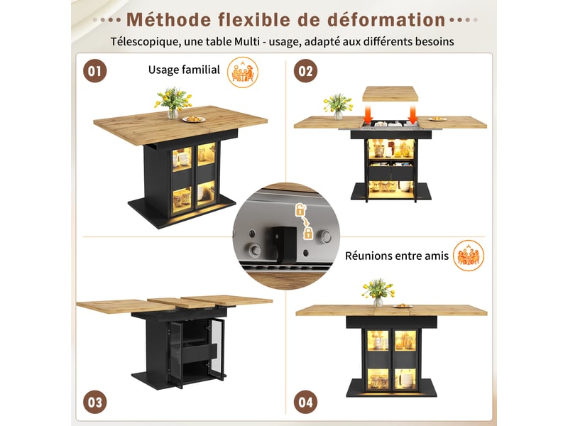  Table à manger extensible led 110-140 cm, 2 tiroirs, portes vitrées coulissantes, rangement intégré, noir et naturel Sol Morn - Conforama E